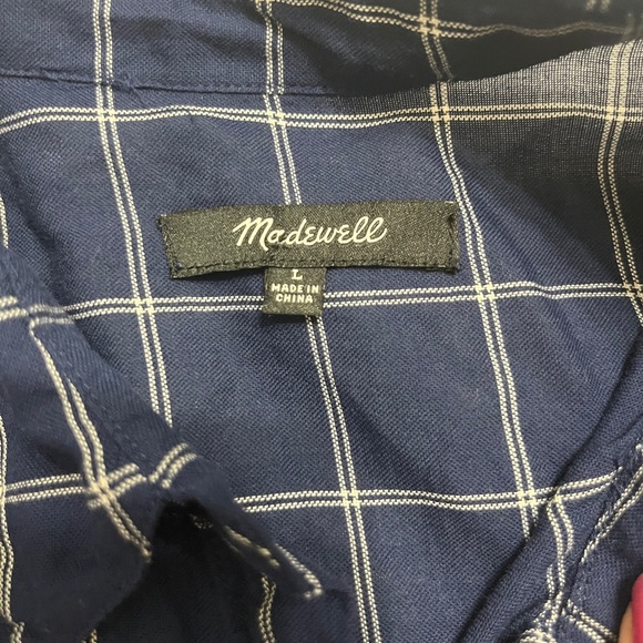 Madewell Navy Checkered Short Sleeve Button Down Shirt Sz L - Picture 6 of 7